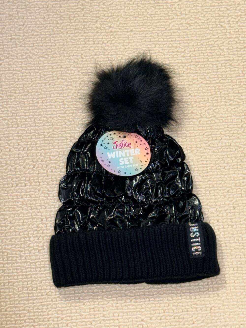 Justice Girls Metallic Puffer Beanie Hat With Fux Fur Pom Pom Black